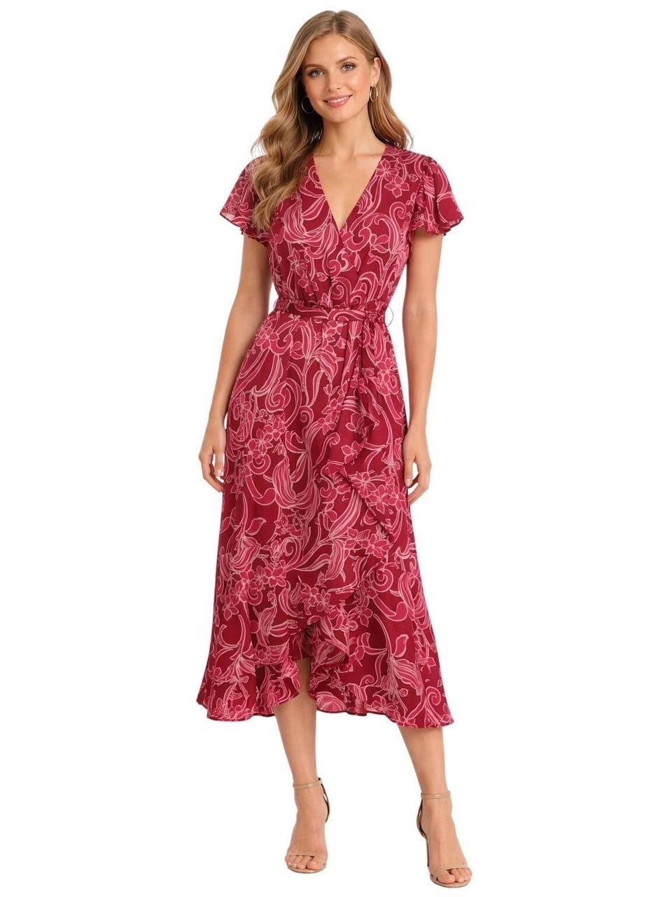 Nicole Miller New York Floral Wrap Midi Dress Red Pink L